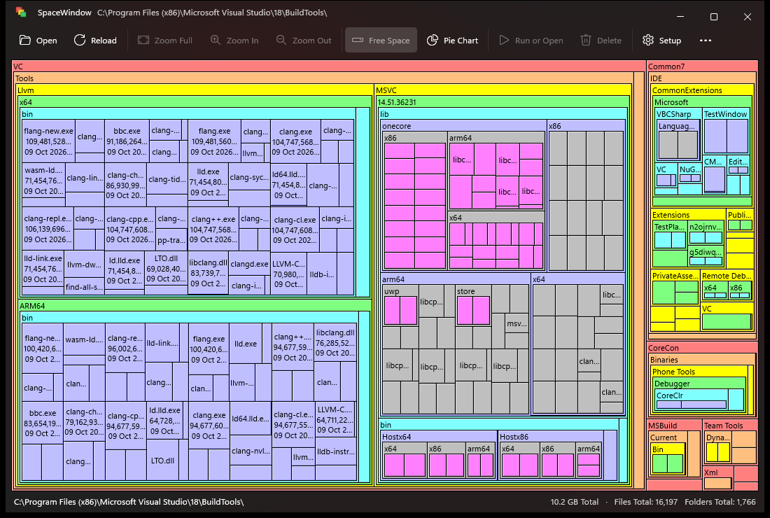 SpaceWindow's treemap of a Visual Studio Build Tools folder, with every file drawn as a box sized by its space on disk