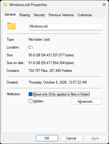 Properties of C:\Windows.old: 50.6 GB, 724,787 files and 287,460 folders