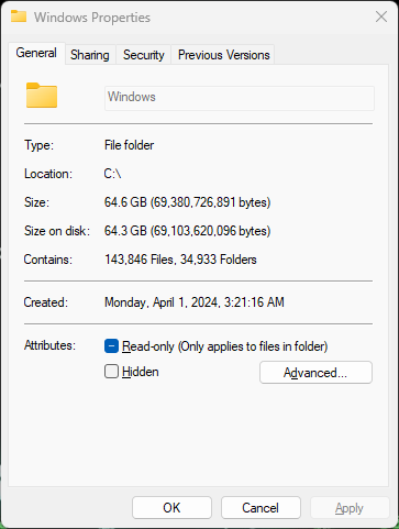 Properties of the new C:\Windows: 64.6 GB, 143,846 files and 34,933 folders